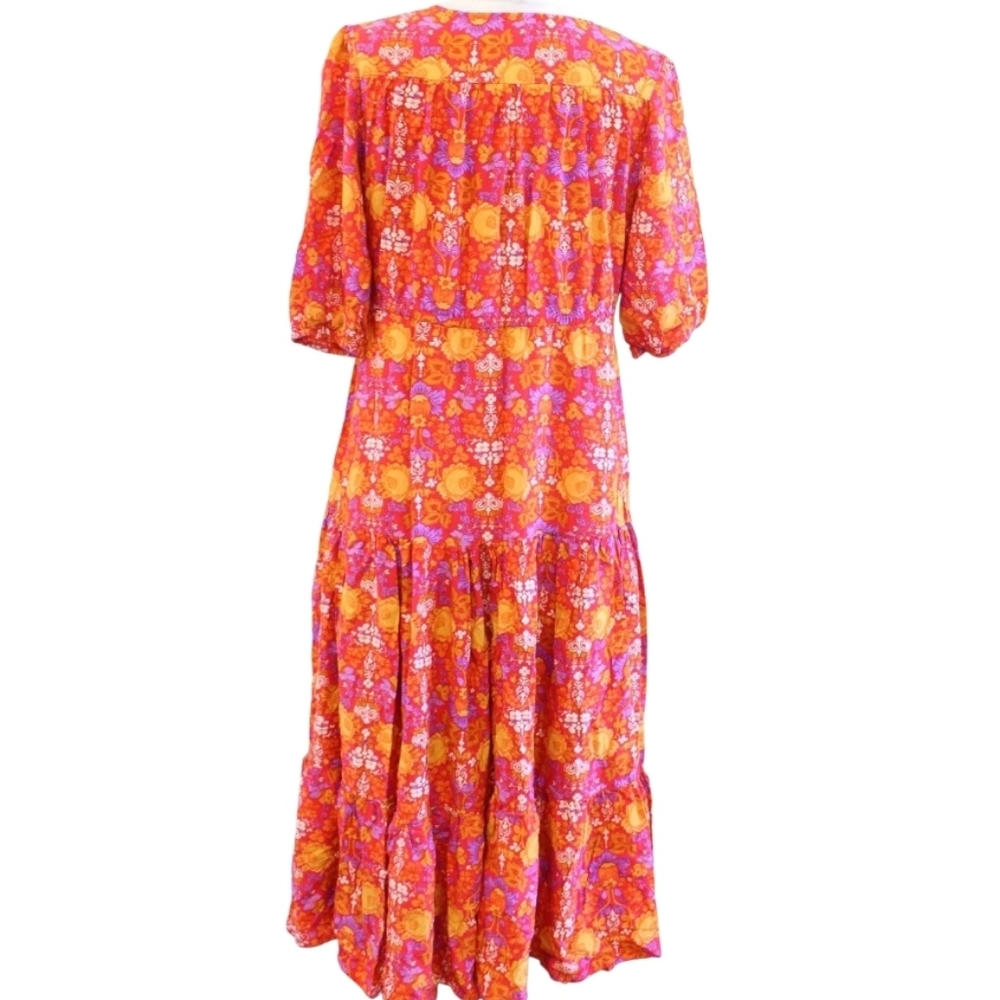 S🧡Anthropologie Abel the Label Red Orange Yellow Floral Print Dress Midi/Maxi - Picture 6 of 9